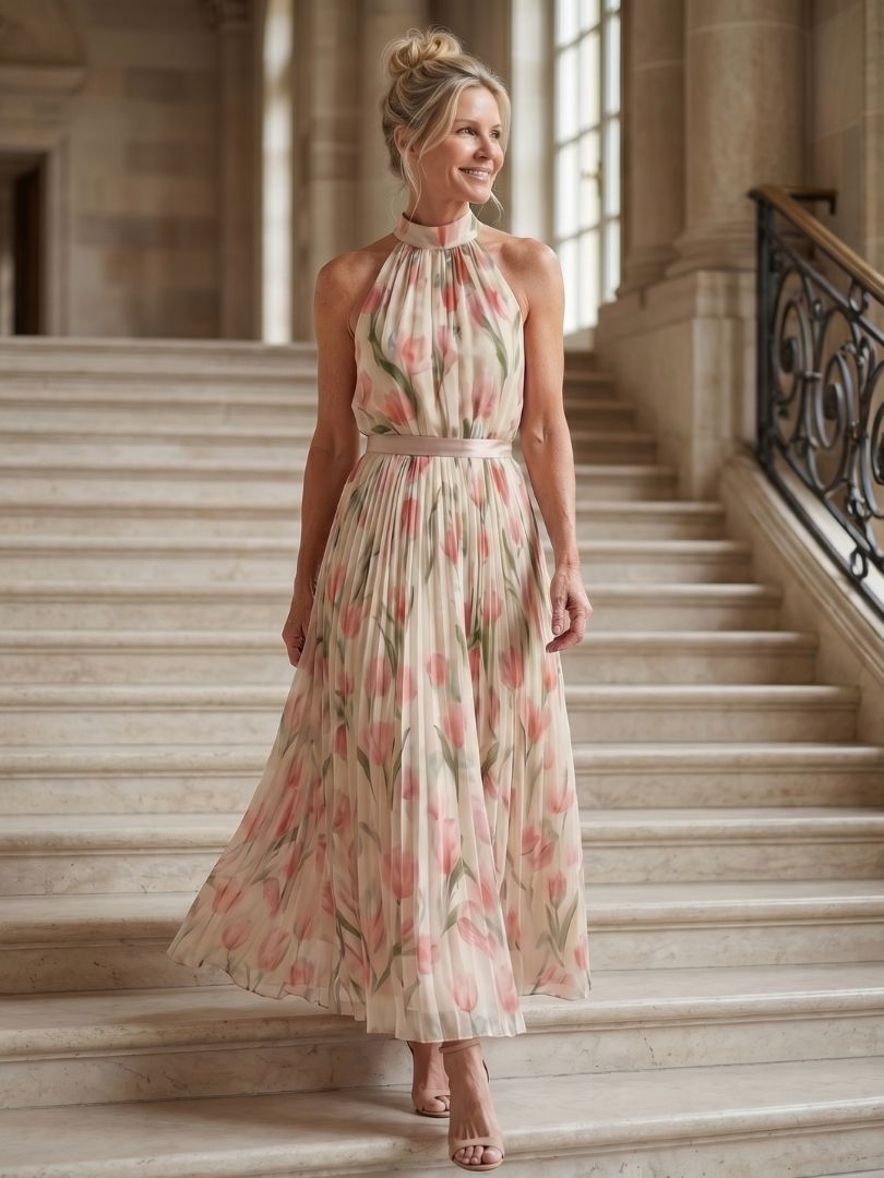 Aurelle | Blumenmuster Midi Kleid mit Haltern