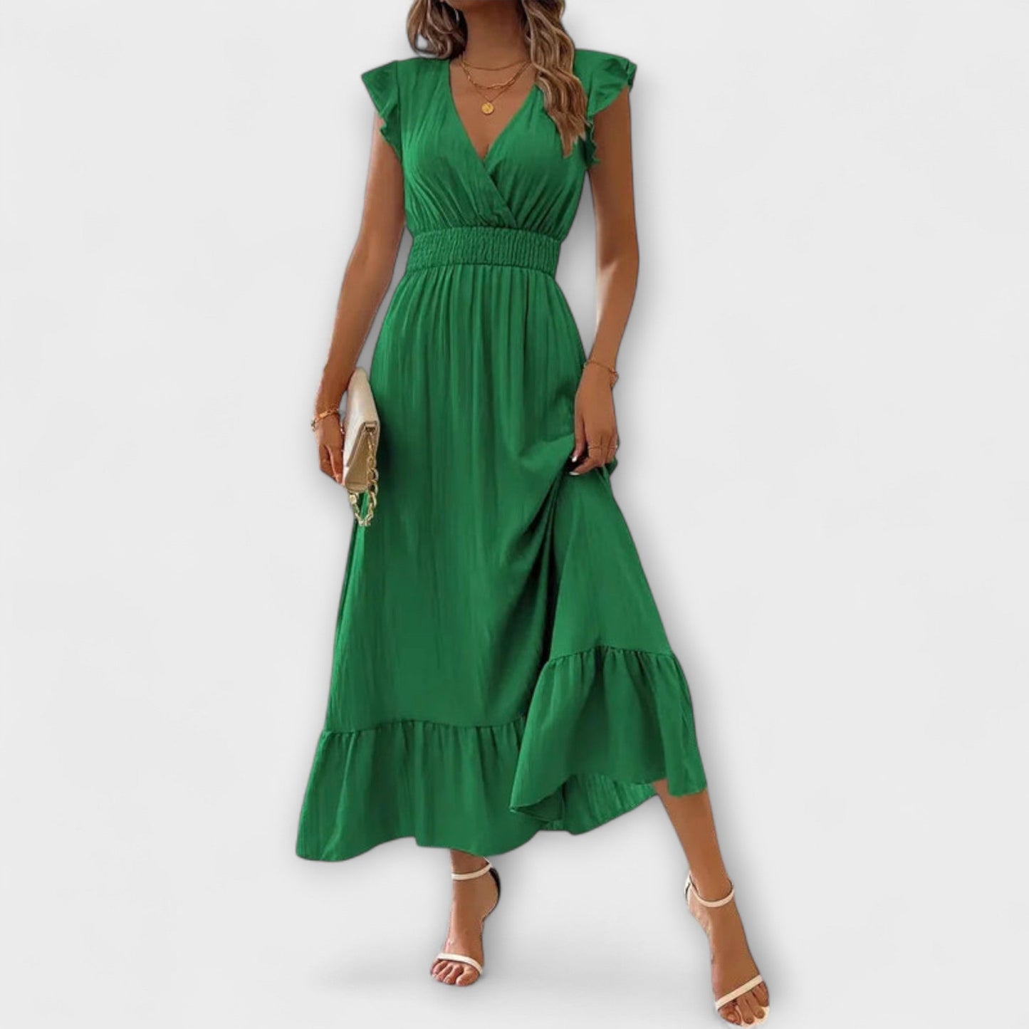 Poet - Maxikleid mit gerüschten Ärmeln und tiefem V-Ausschnitt