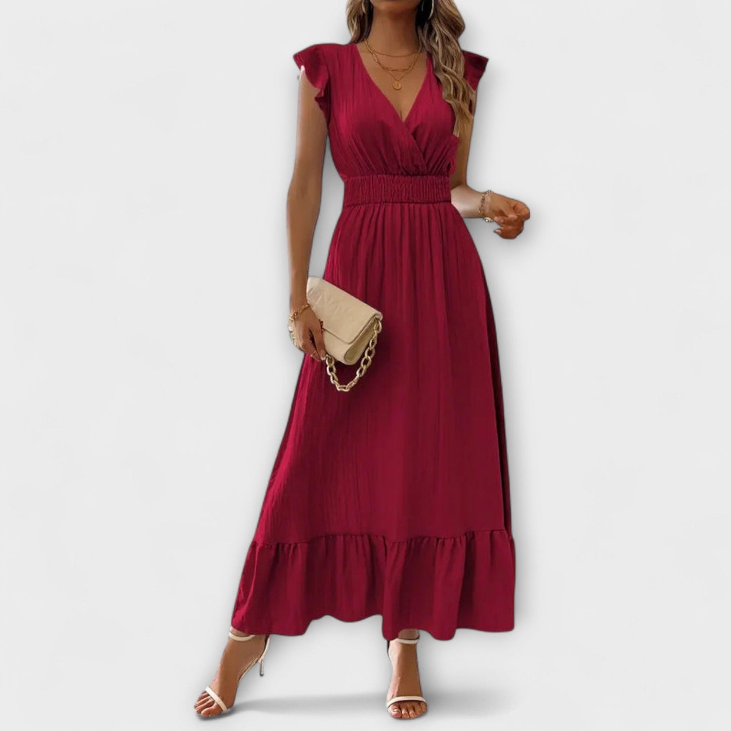 Poet - Maxikleid mit gerüschten Ärmeln und tiefem V-Ausschnitt