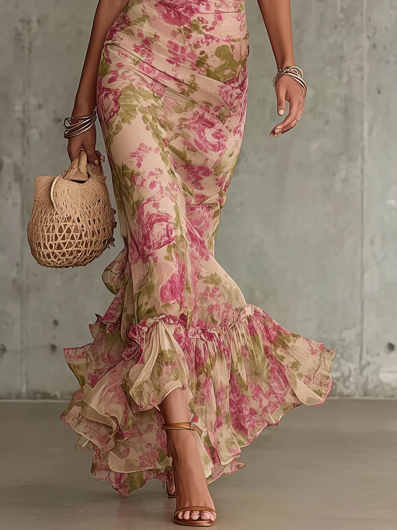 Vintage-Rosenmuster Maxi-Kleid mit Puffärmeln (Zubehör nicht enthalten)