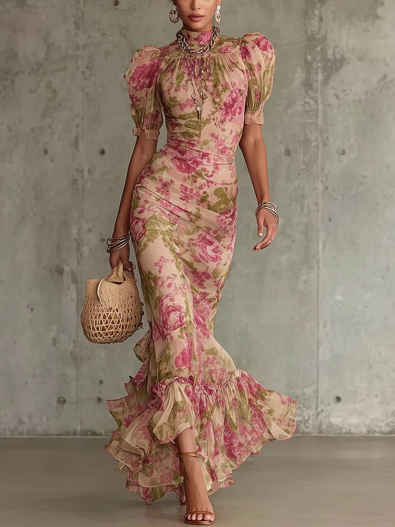Vintage-Rosenmuster Maxi-Kleid mit Puffärmeln (Zubehör nicht enthalten)