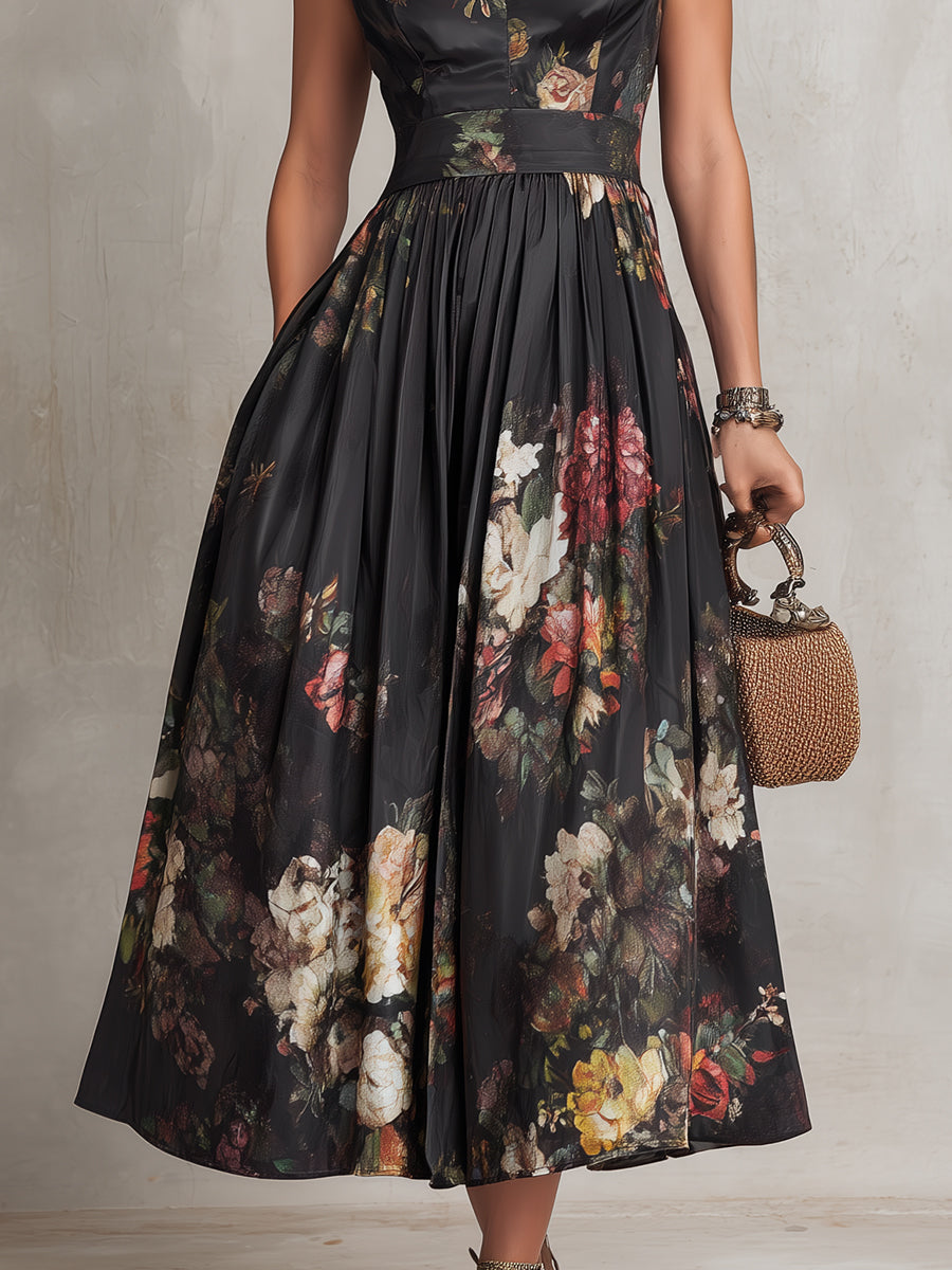 Schwarzes Schlüssellochkragen Blüten Falten Satin Midi Kleid