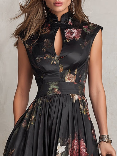 Schwarzes Schlüssellochkragen Blüten Falten Satin Midi Kleid