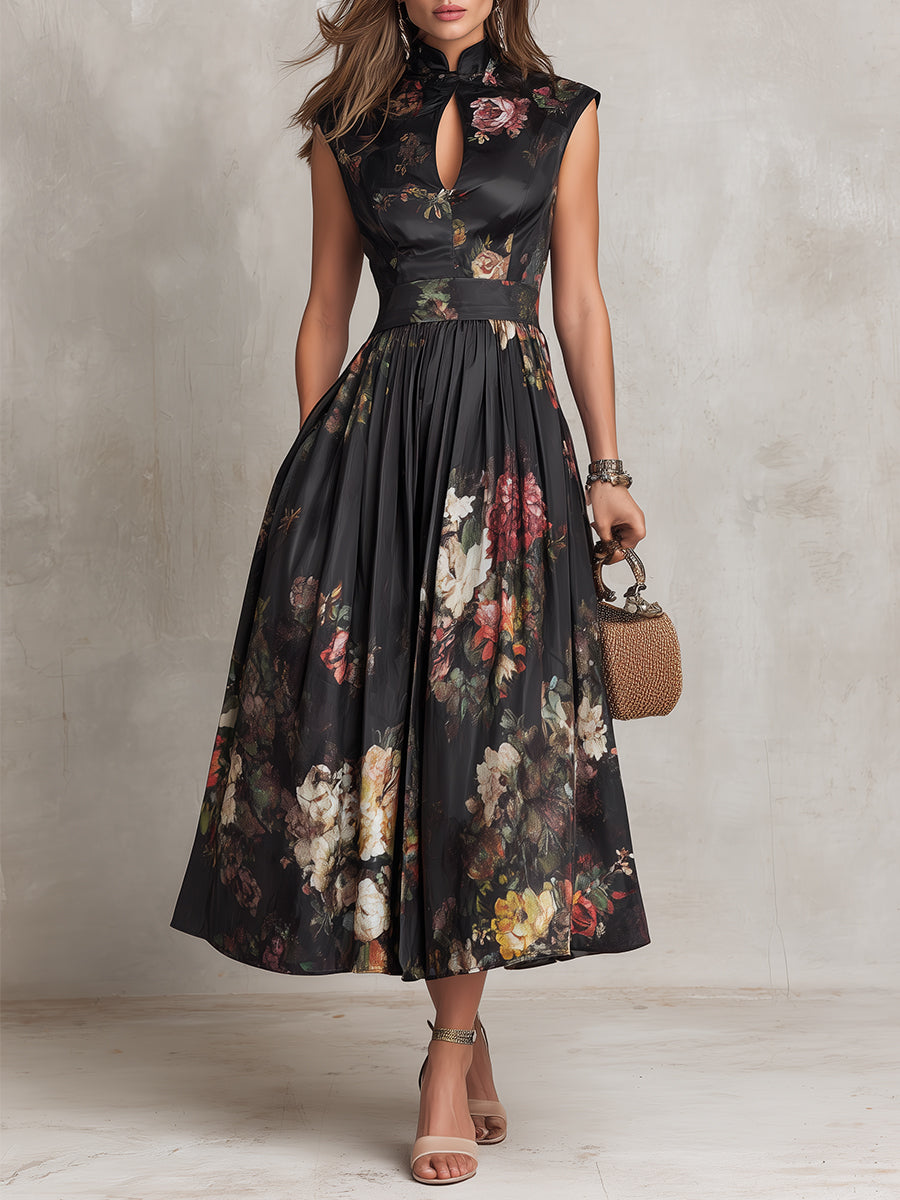 Schwarzes Schlüssellochkragen Blüten Falten Satin Midi Kleid