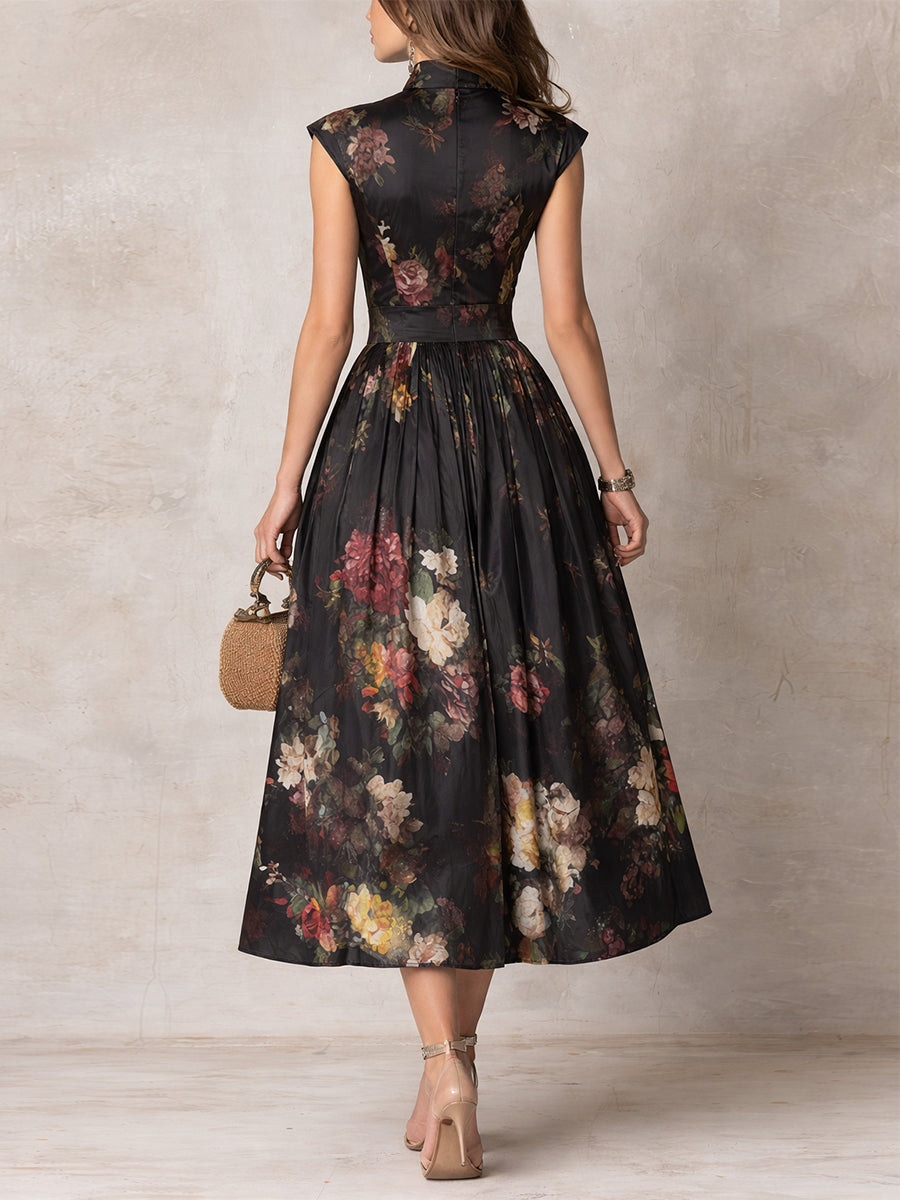 Schwarzes Schlüssellochkragen Blüten Falten Satin Midi Kleid