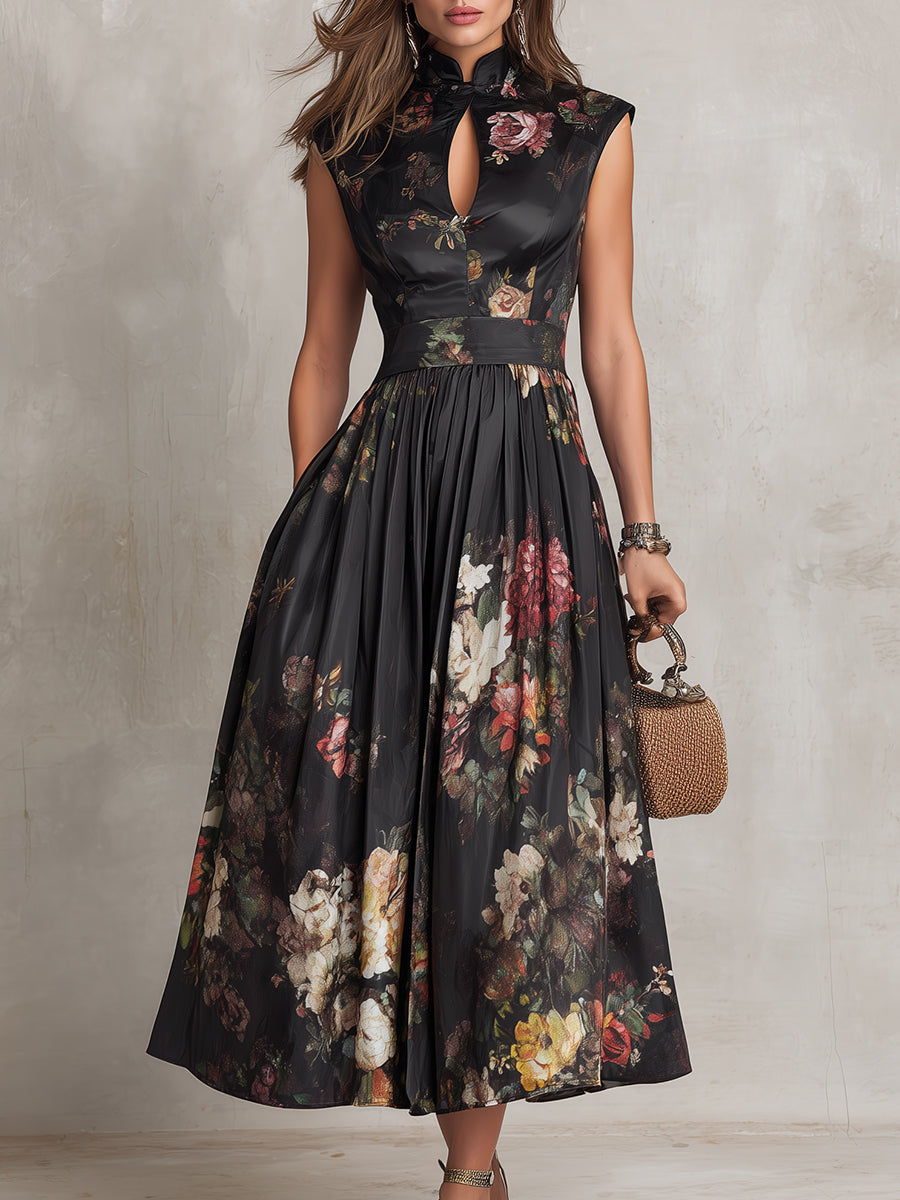 Schwarzes Schlüssellochkragen Blüten Falten Satin Midi Kleid