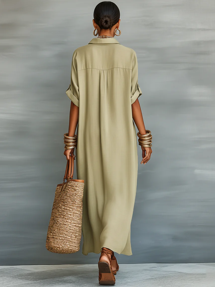 Manelle | Lange Olivegrüne Robe mit Minimalistischen Linien