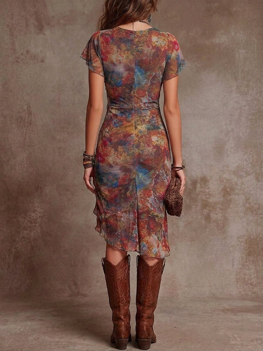 Ingrid™ | Elegantes Boho-Midikleid mit Aquarell-Print und V-Ausschnitt