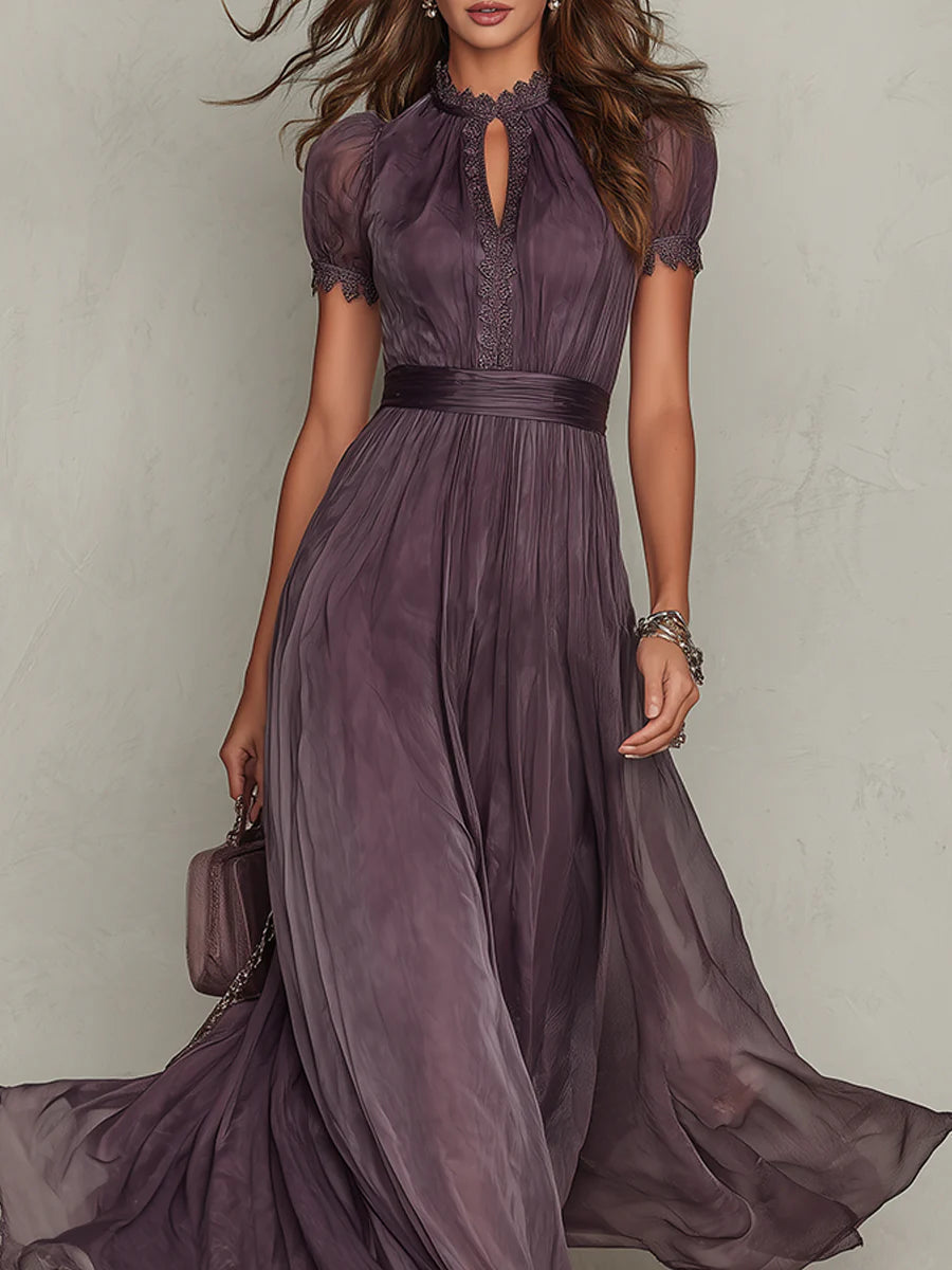 Lila Keyhole-Ausschnitt Chiffon Kleid mit Spitzenbesatz