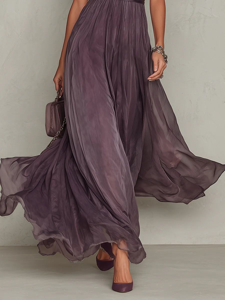 Lila Keyhole-Ausschnitt Chiffon Kleid mit Spitzenbesatz