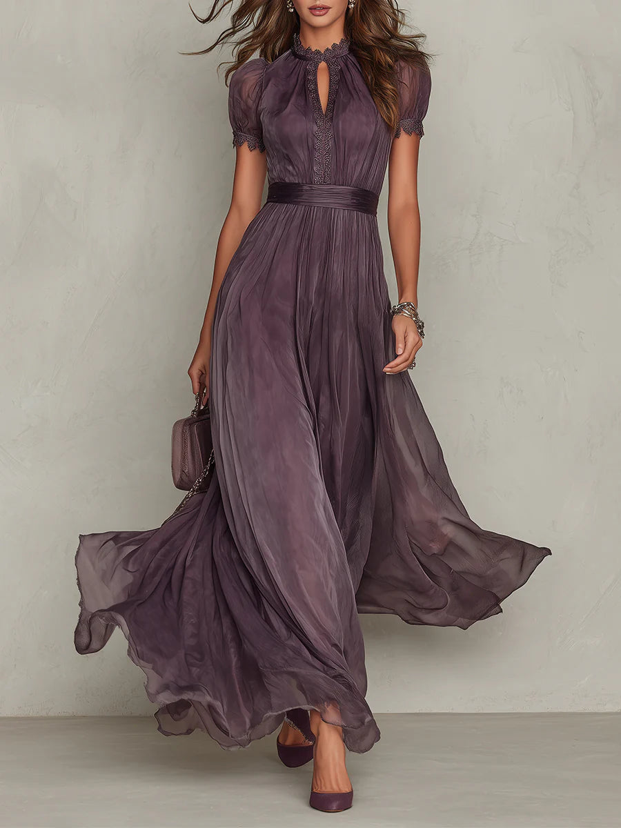 Lila Keyhole-Ausschnitt Chiffon Kleid mit Spitzenbesatz