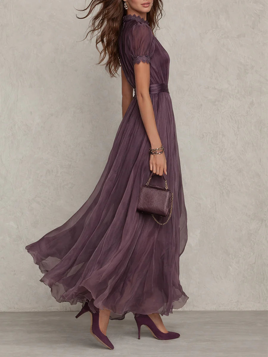 Lila Keyhole-Ausschnitt Chiffon Kleid mit Spitzenbesatz