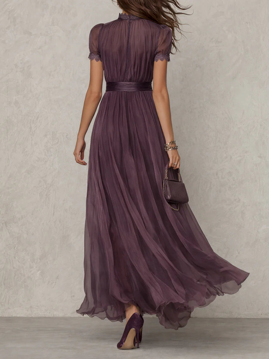Lila Keyhole-Ausschnitt Chiffon Kleid mit Spitzenbesatz