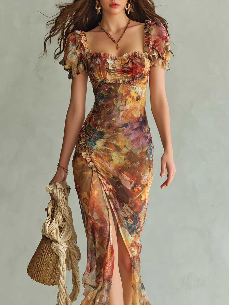 Oranges Bohemian Urlaubs-Ölgemälde Druck Chiffon Maxi Kleid
