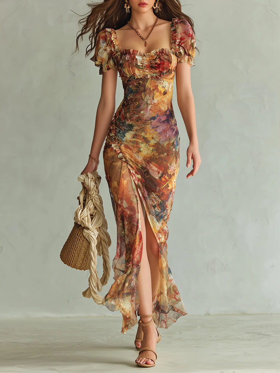 Oranges Bohemian Urlaubs-Ölgemälde Druck Chiffon Maxi Kleid
