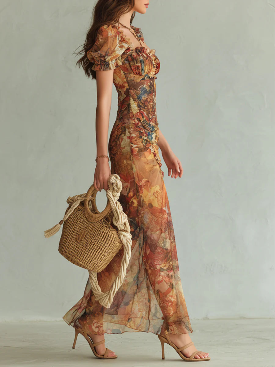Oranges Bohemian Urlaubs-Ölgemälde Druck Chiffon Maxi Kleid