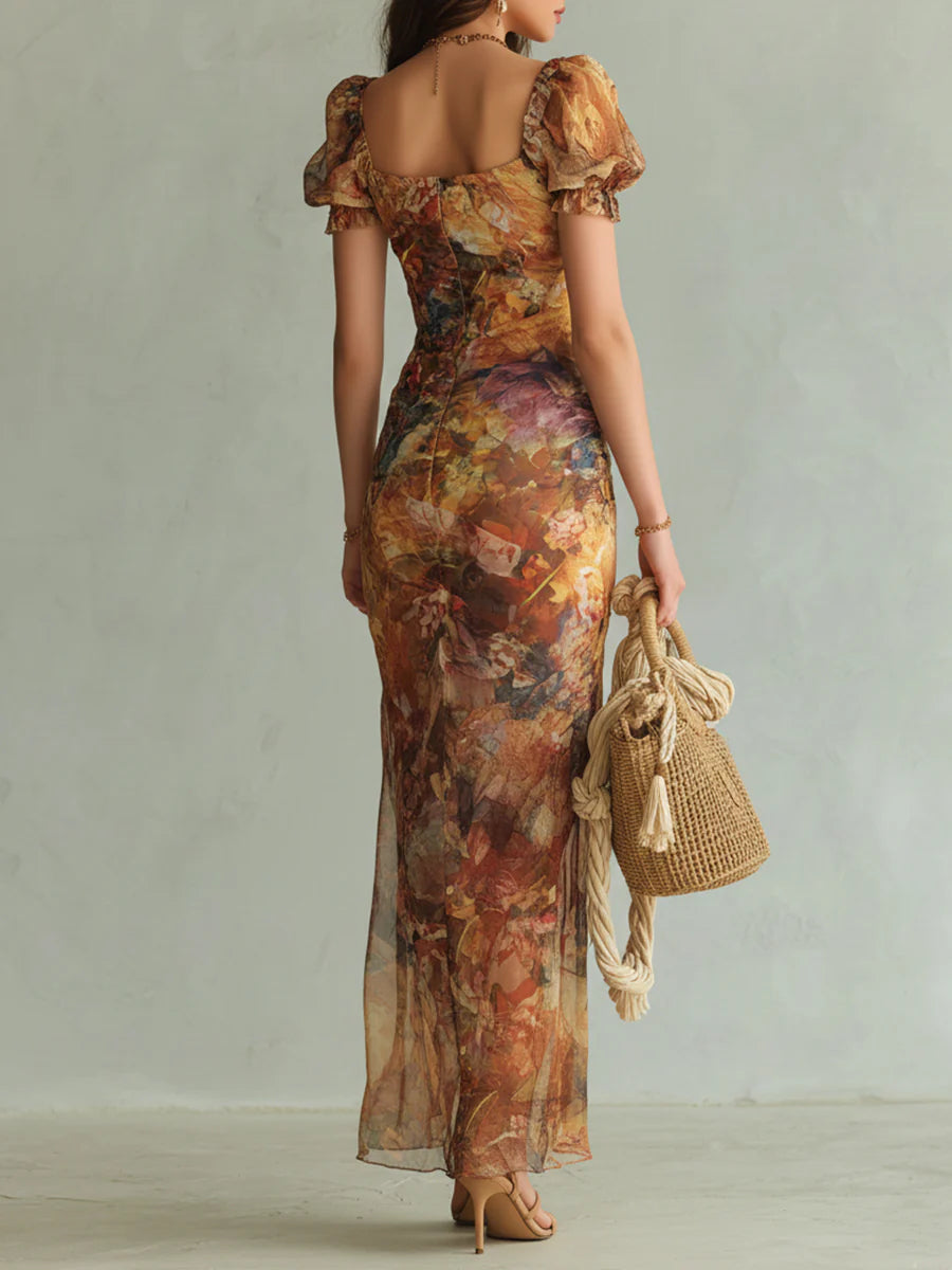 Oranges Bohemian Urlaubs-Ölgemälde Druck Chiffon Maxi Kleid