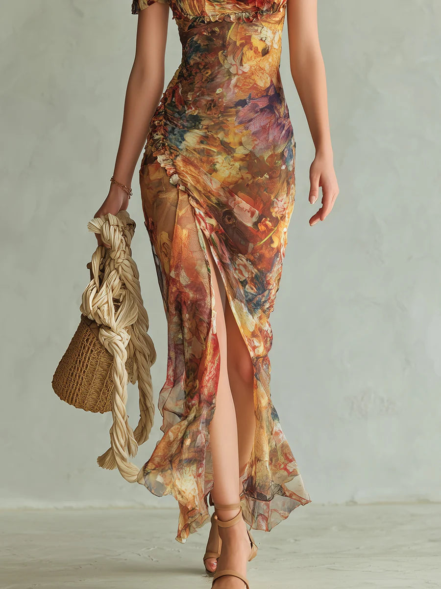 Oranges Bohemian Urlaubs-Ölgemälde Druck Chiffon Maxi Kleid