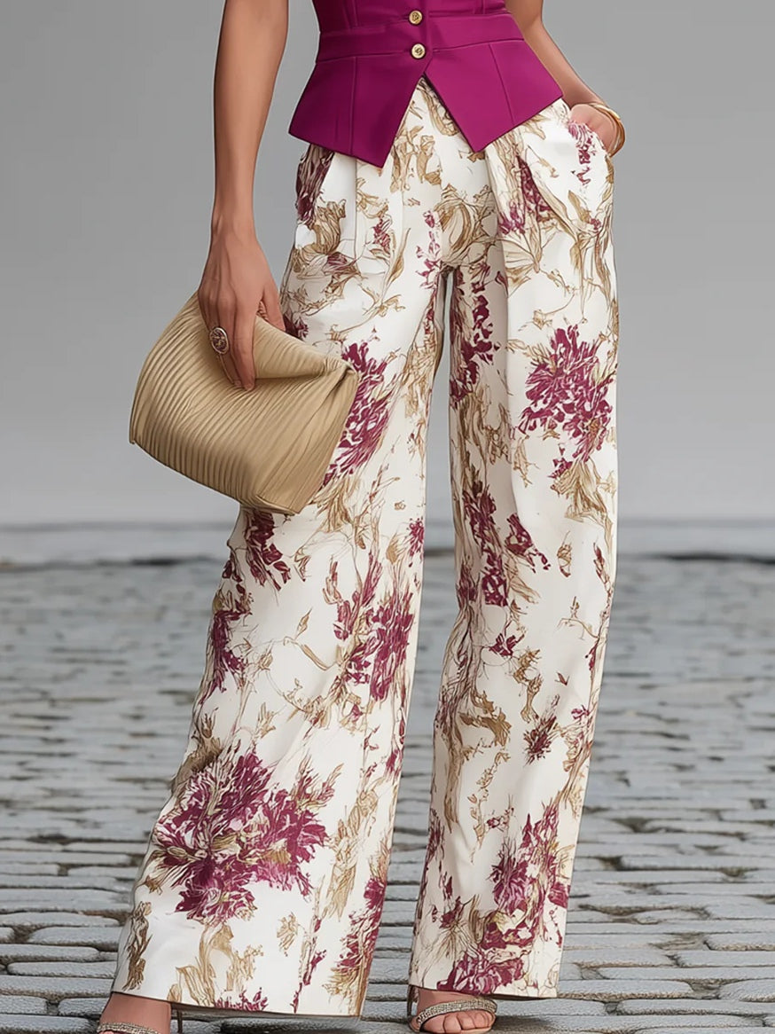 Rosa Pink ärmellose Weste und floral bedruckte weite Hosen Set