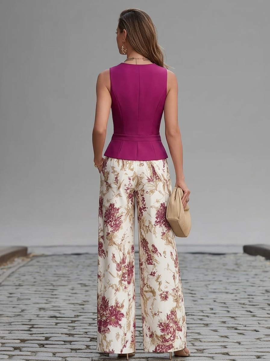 Rosa Pink ärmellose Weste und floral bedruckte weite Hosen Set