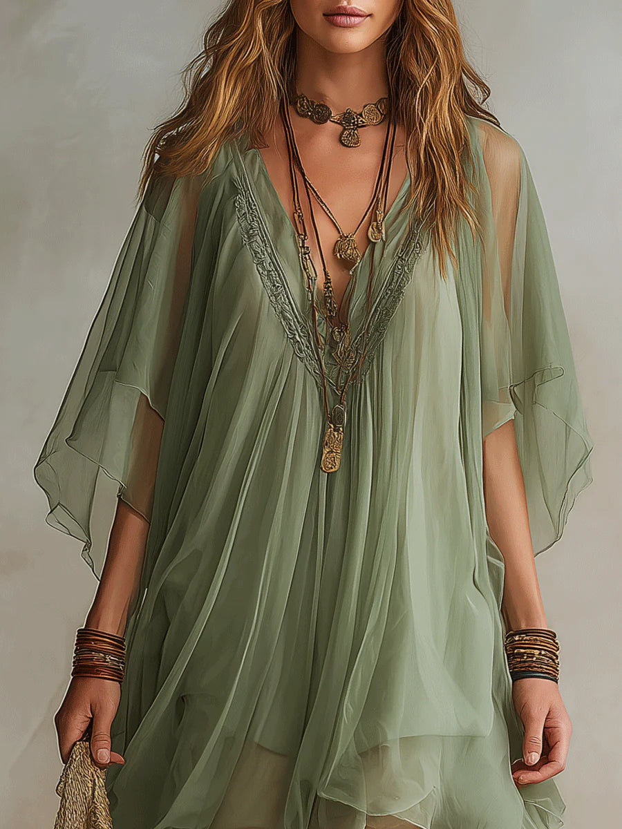 Grünes Chiffon V-Ausschnitt Schichtkleid Mini