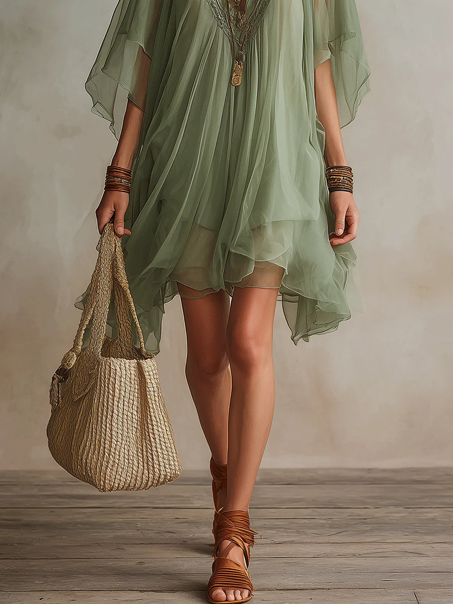 Grünes Chiffon V-Ausschnitt Schichtkleid Mini