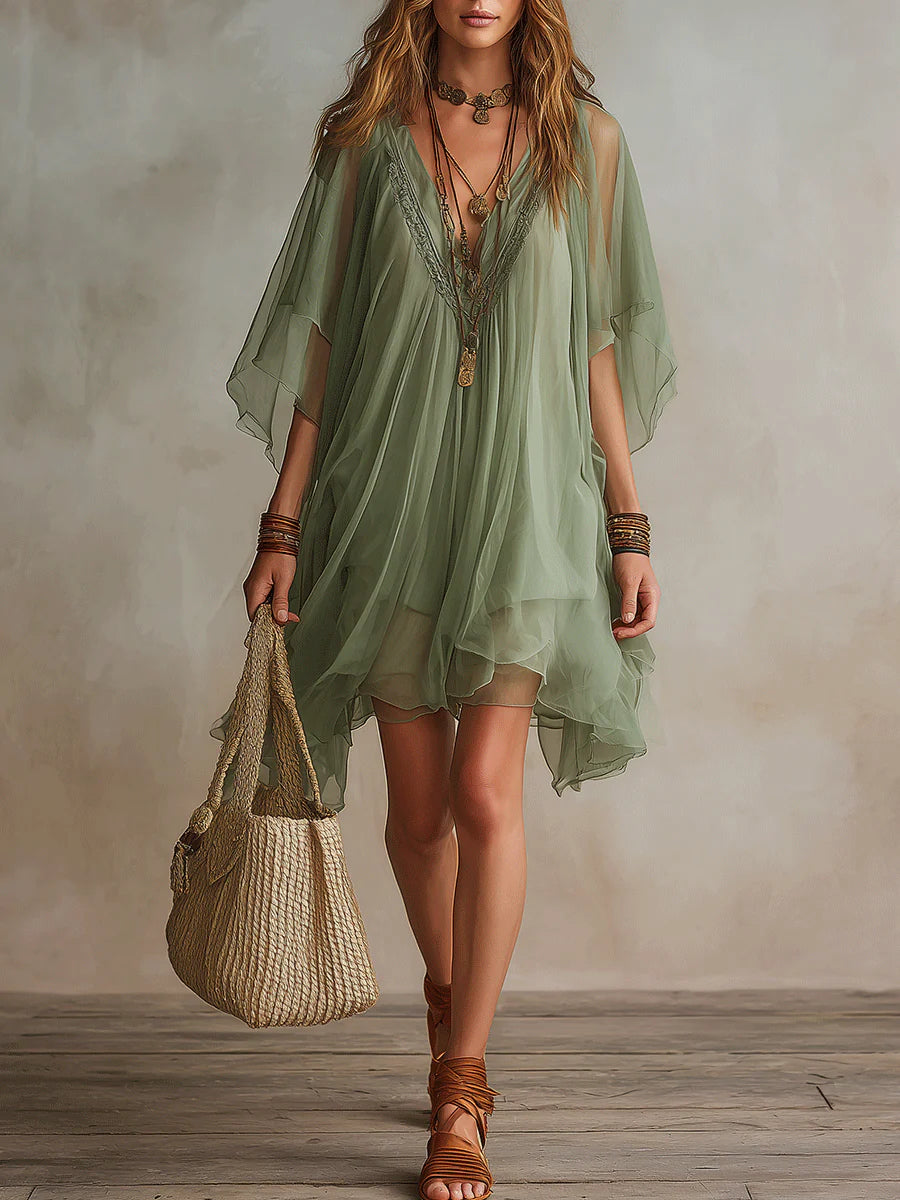 Grünes Chiffon V-Ausschnitt Schichtkleid Mini