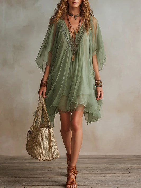 Grünes Chiffon V-Ausschnitt Schichtkleid Mini