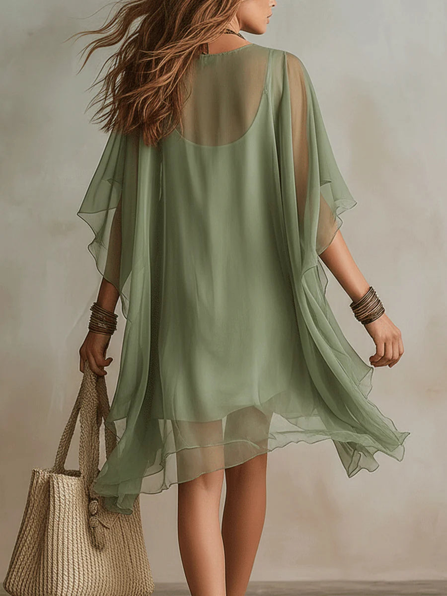 Grünes Chiffon V-Ausschnitt Schichtkleid Mini