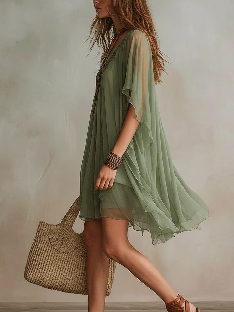 Grünes Chiffon V-Ausschnitt Schichtkleid Mini