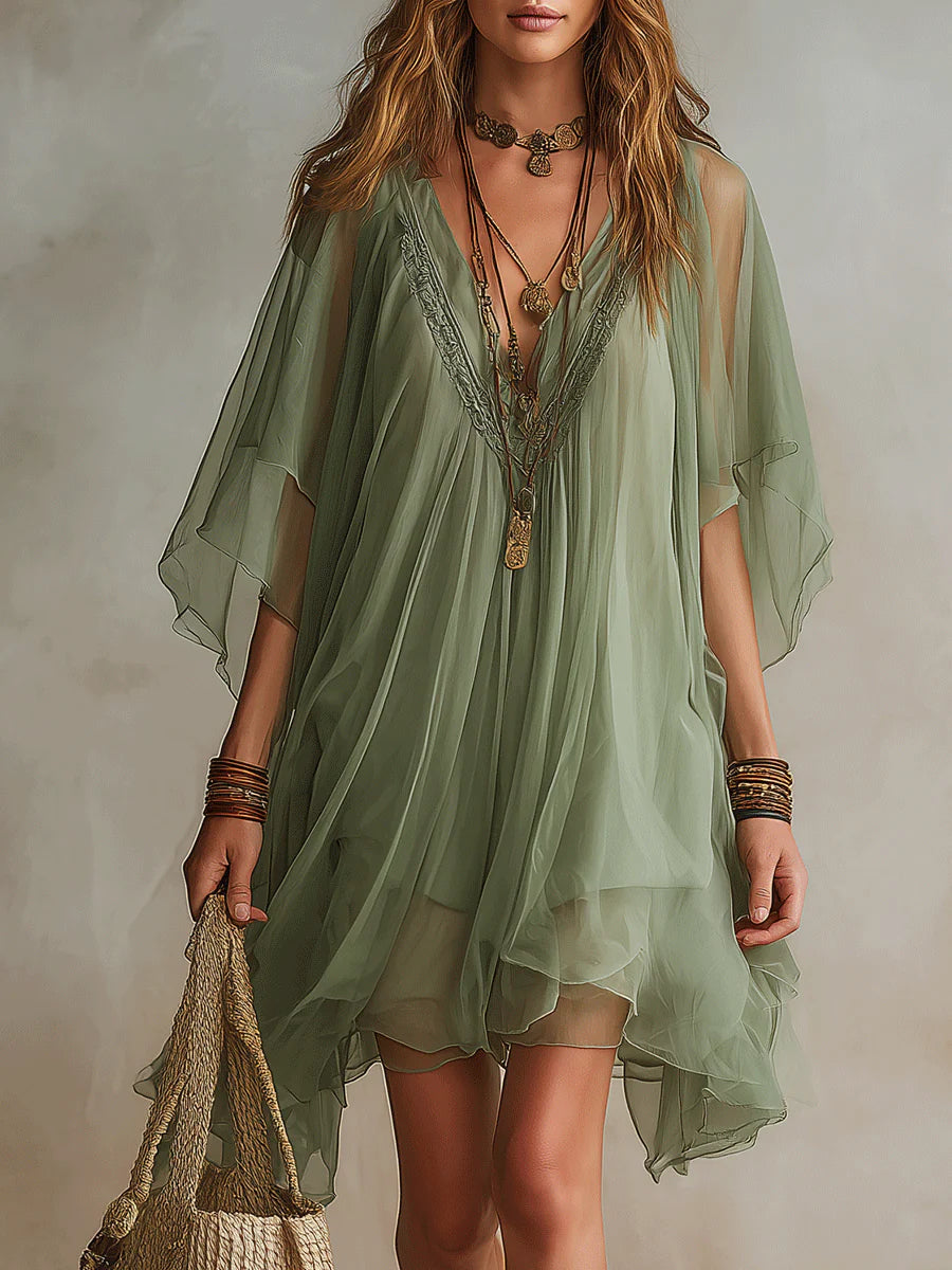 Grünes Chiffon V-Ausschnitt Schichtkleid Mini