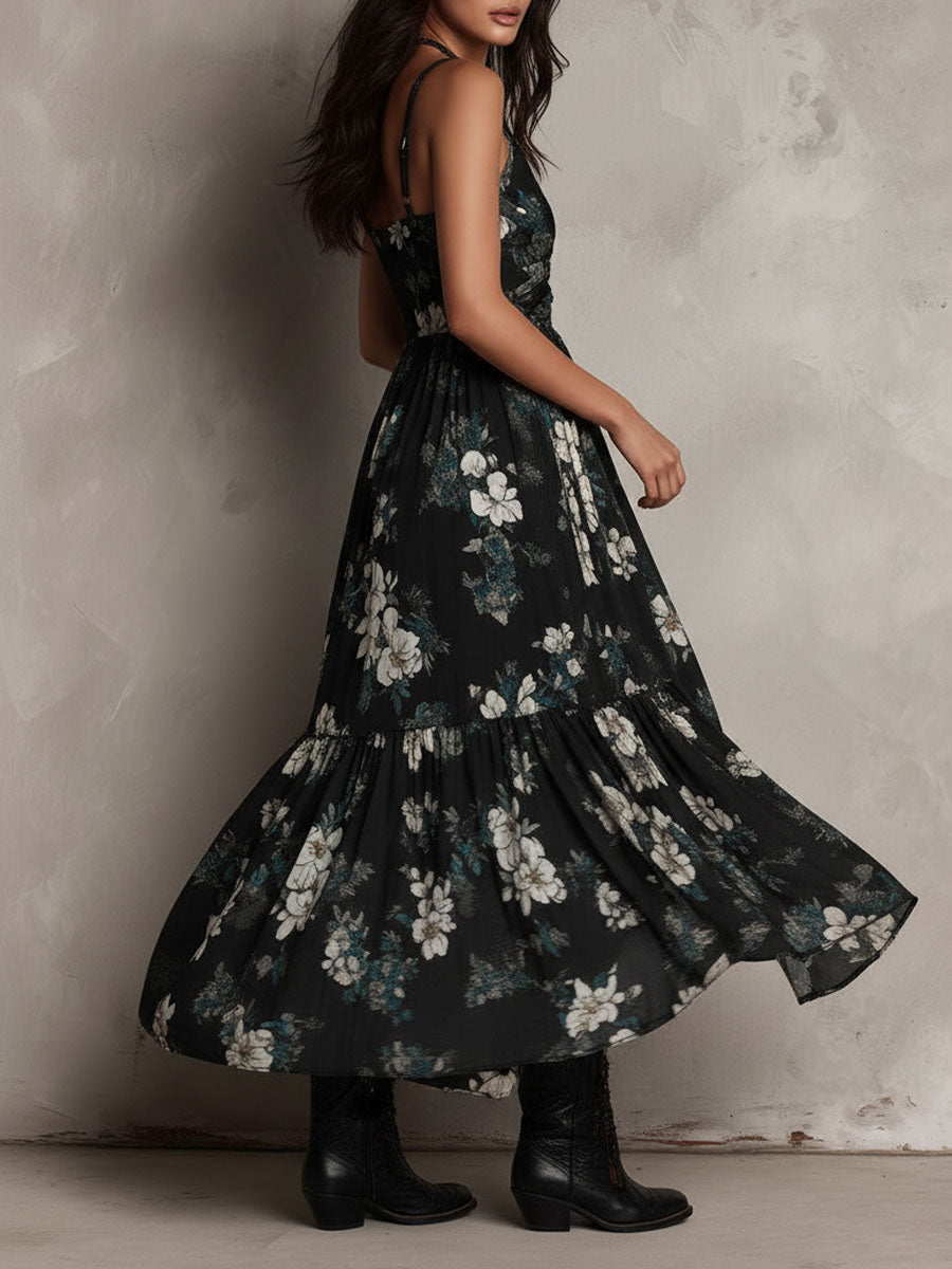 Schwarzes Bohemian Blumenmuster Unregelmäßiges Trägerloses Maxi-Kleid