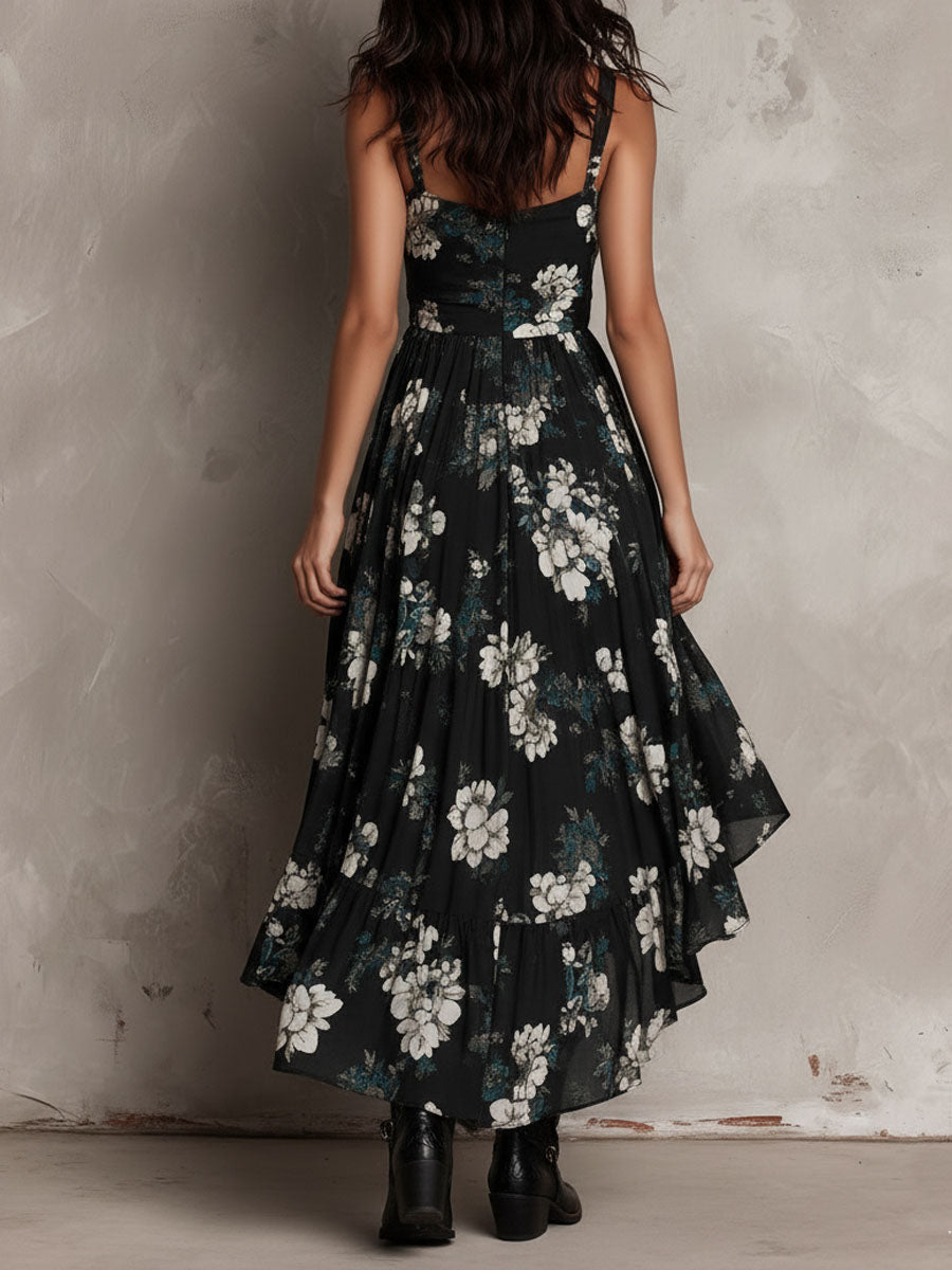 Schwarzes Bohemian Blumenmuster Unregelmäßiges Trägerloses Maxi-Kleid