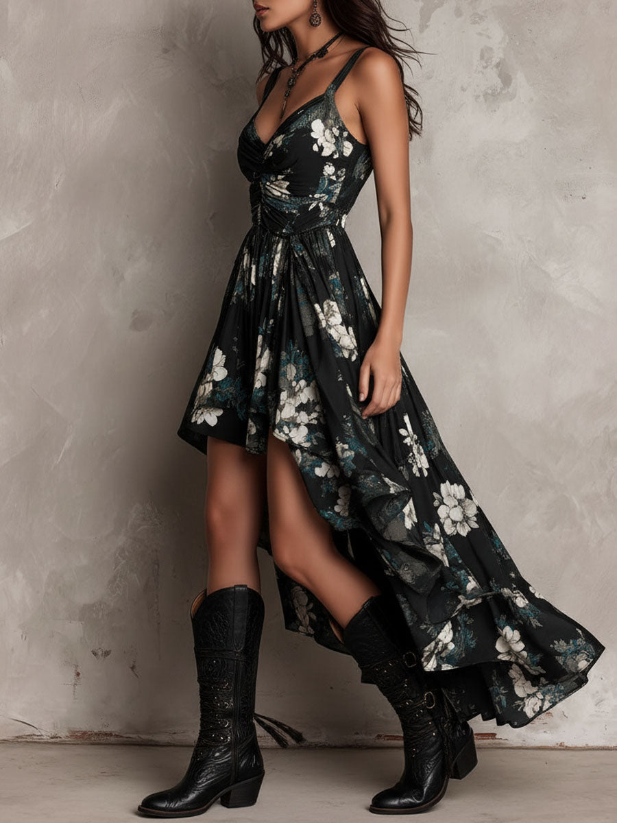 Schwarzes Bohemian Blumenmuster Unregelmäßiges Trägerloses Maxi-Kleid