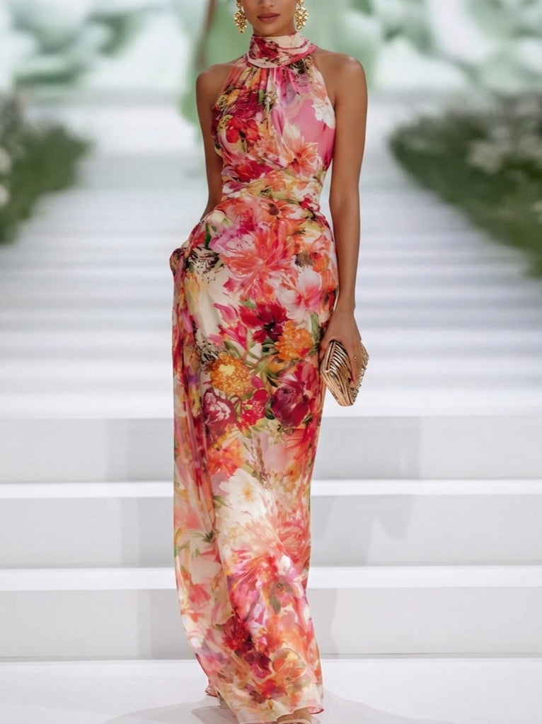 Rotes Chiffon Floral Halter-Neck Ärmelloses Maxikleid