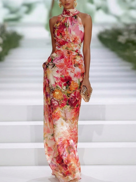 Rotes Chiffon Floral Halter-Neck Ärmelloses Maxikleid