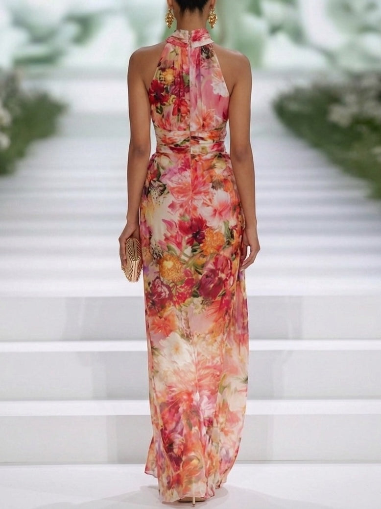 Rotes Chiffon Floral Halter-Neck Ärmelloses Maxikleid