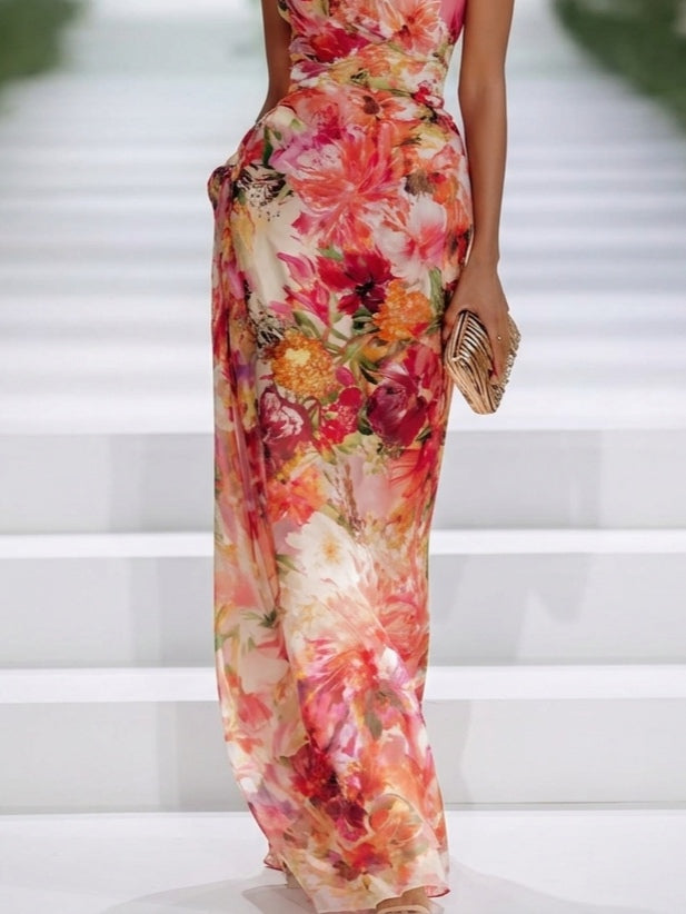 Rotes Chiffon Floral Halter-Neck Ärmelloses Maxikleid