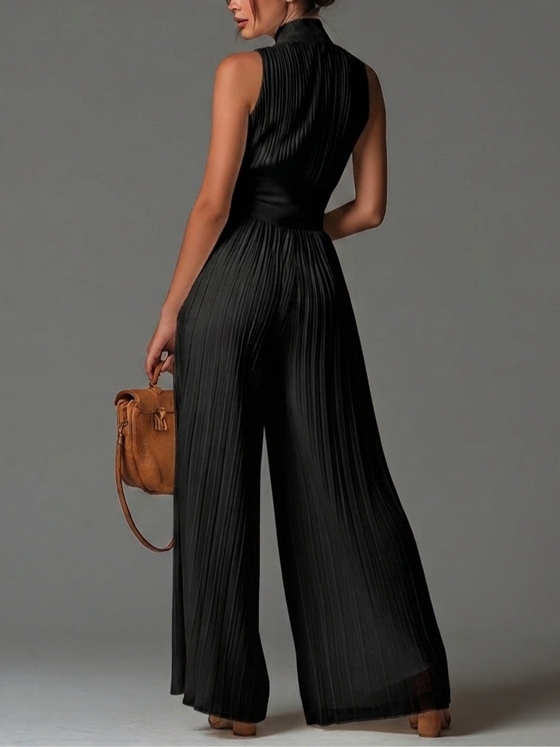 Schwarzer V-Ausschnitt Ärmelloser Reißverschluss Faltenweiter Chiffon Jumpsuit