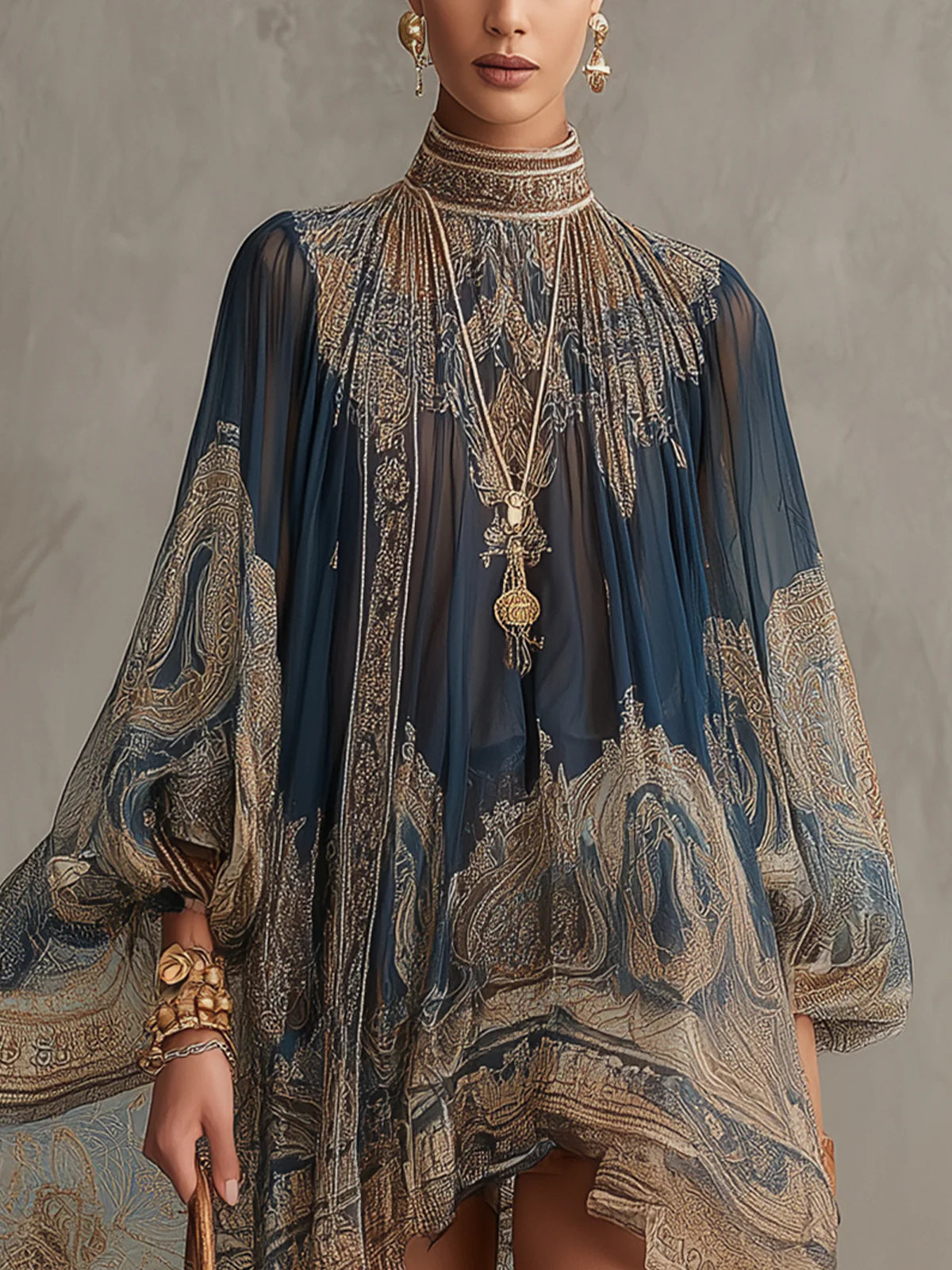 Navy Blau Barock Druck Hoher Kragen Unregelmäßiges Chiffon Mini Kleid