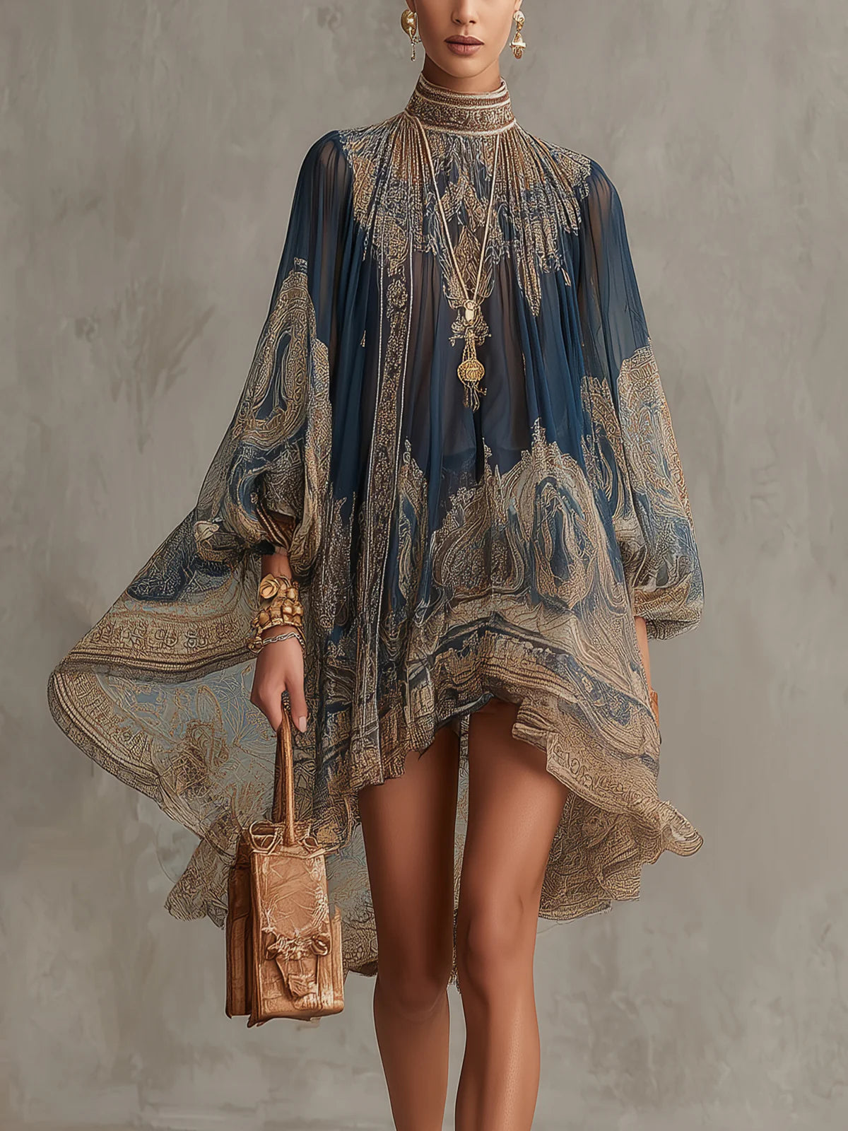 Navy Blau Barock Druck Hoher Kragen Unregelmäßiges Chiffon Mini Kleid