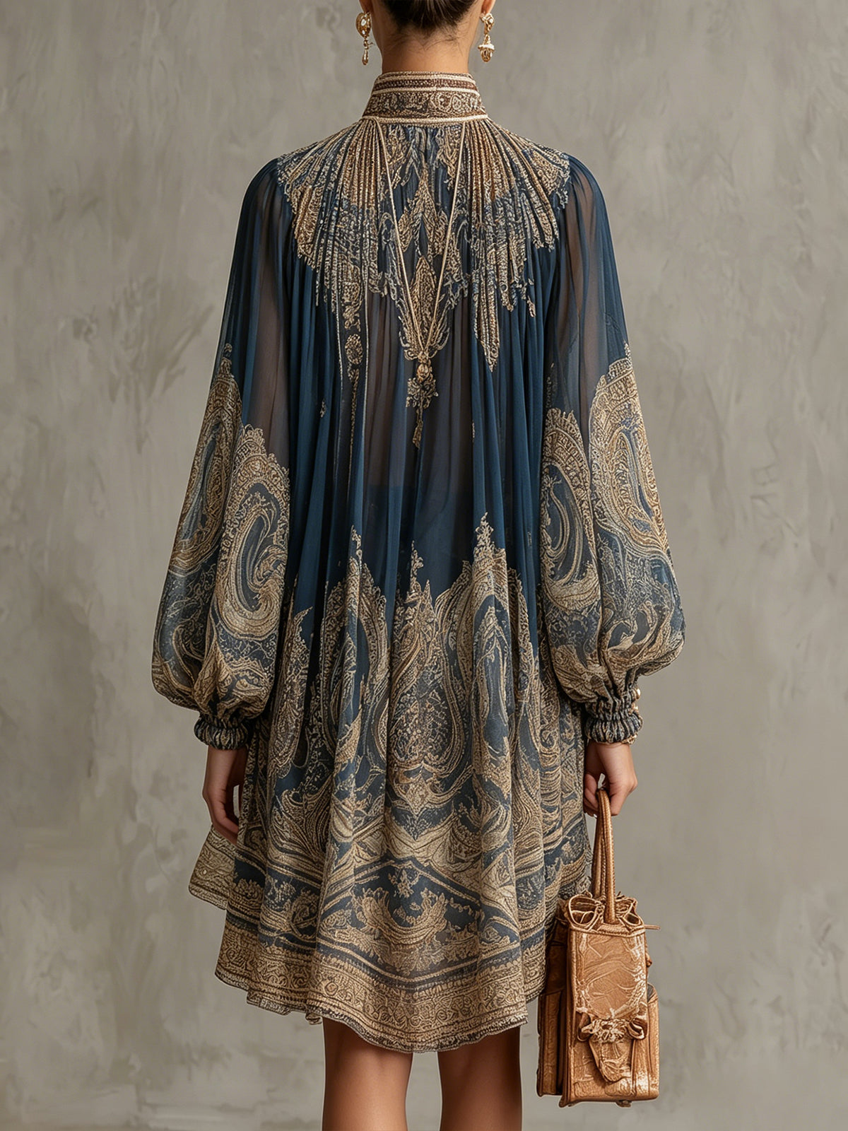 Navy Blau Barock Druck Hoher Kragen Unregelmäßiges Chiffon Mini Kleid