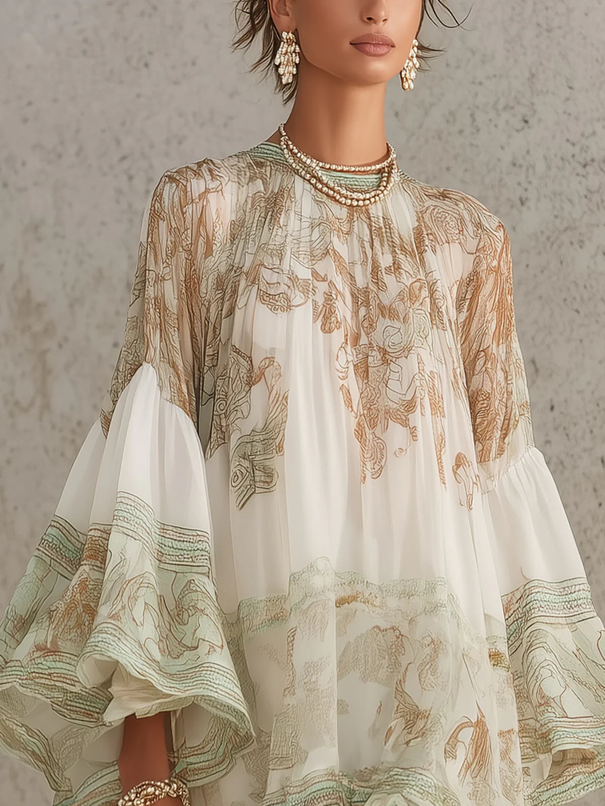 Grünes Druck Rüschensaum Flatterärmchen Chiffon Mini Kleid