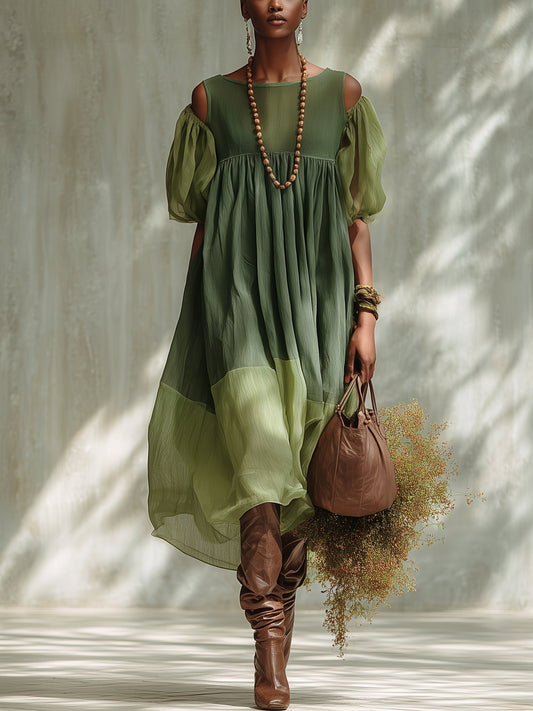 Grünes Chiffon Off-Shoulder Midi-Kleid mit kurzen Ärmeln