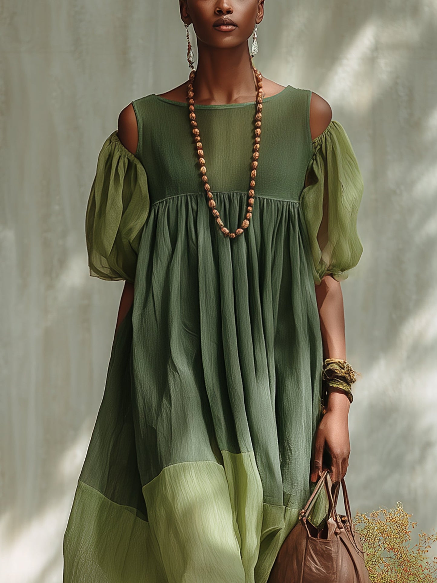 Grünes Chiffon Off-Shoulder Midi-Kleid mit kurzen Ärmeln