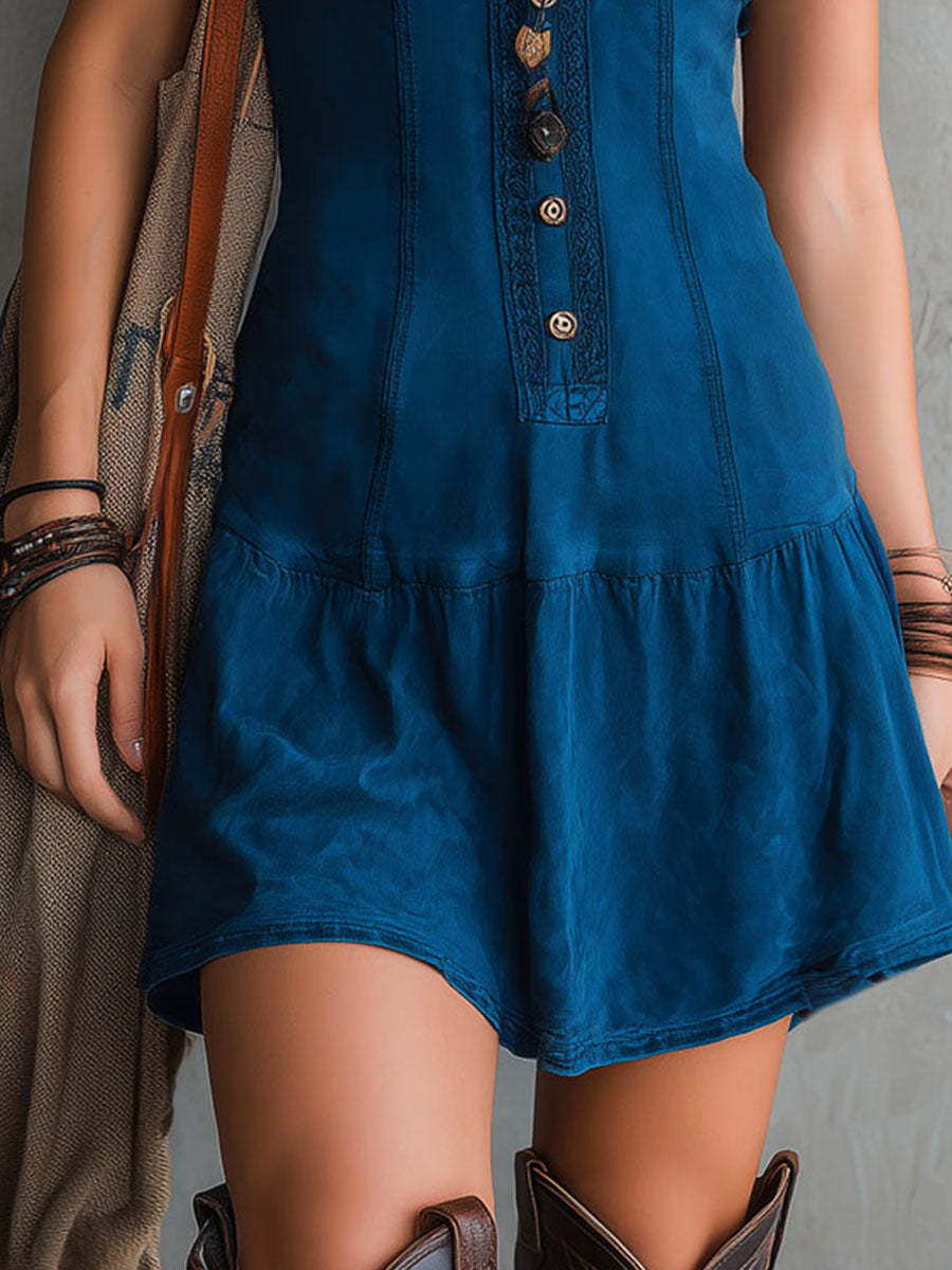 Bohemian Indigo V-Ausschnitt Knopf-Down Ärmelloses Mini-Kleid