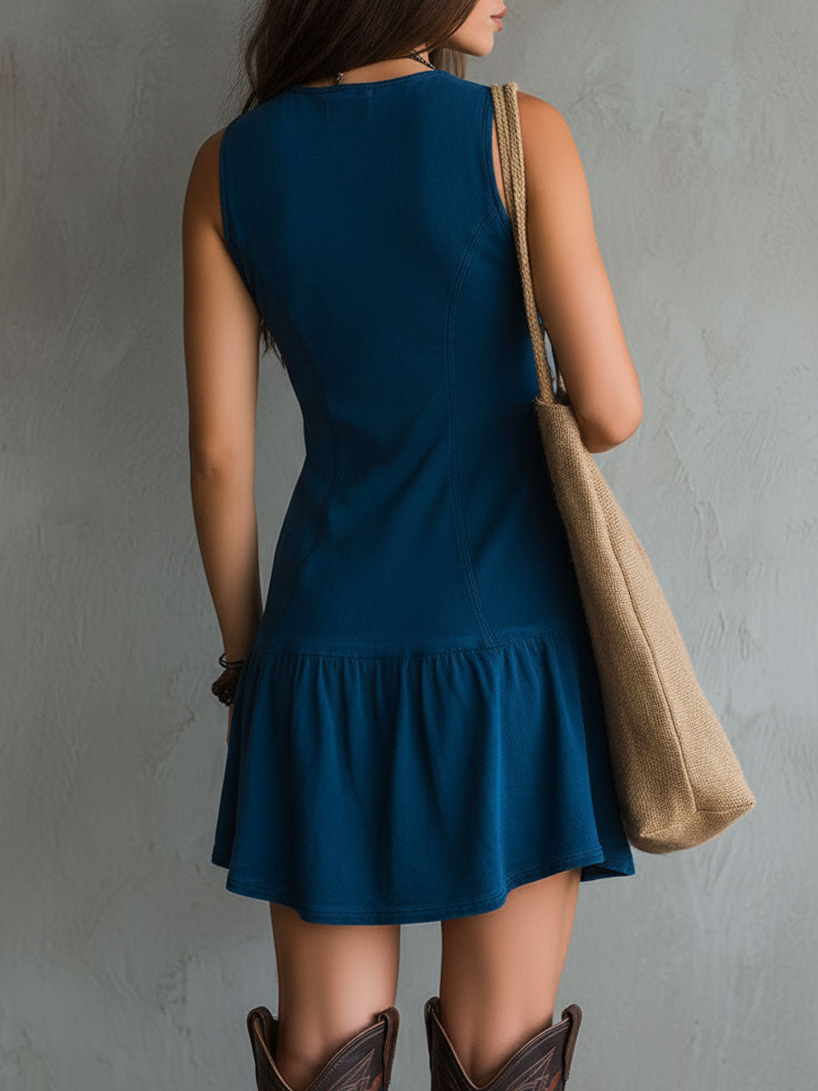 Bohemian Indigo V-Ausschnitt Knopf-Down Ärmelloses Mini-Kleid