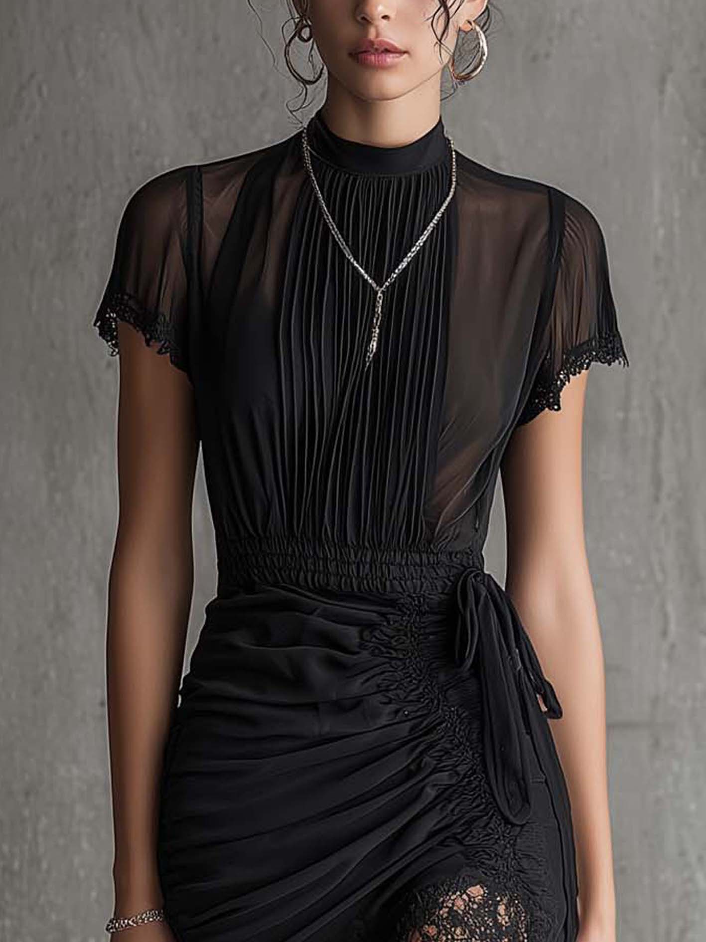 Schwarzes Chiffon Faltendes Taillen Mini-Kleid mit Spitzenbesatz