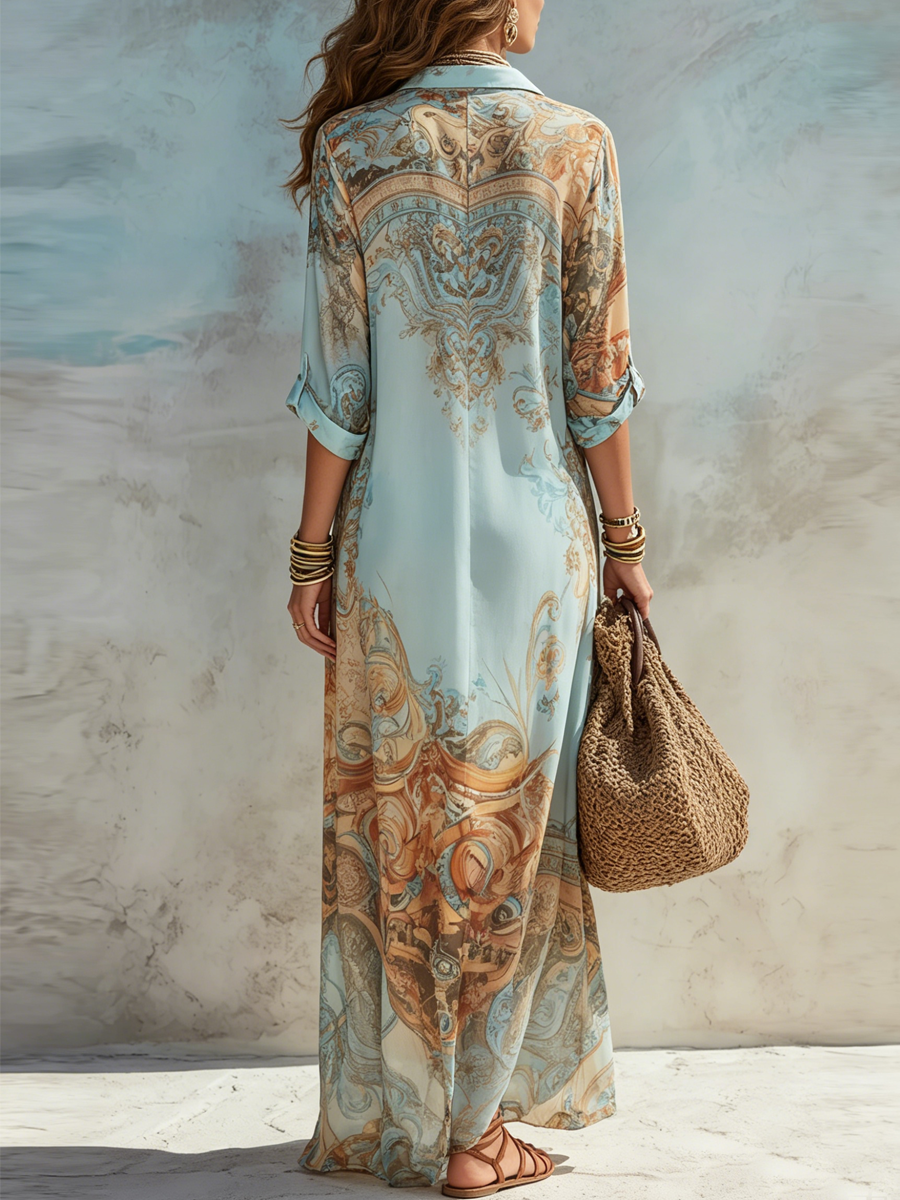 Urlaubsblaues Floralprint-Maxikleid