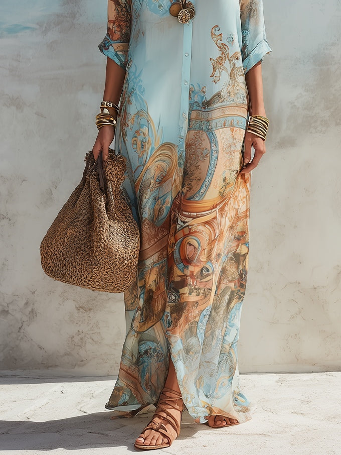 Urlaubsblaues Floralprint-Maxikleid